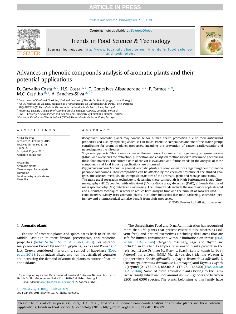 Advances in phenolic compounds analysis of aromatic plants and their potential applications