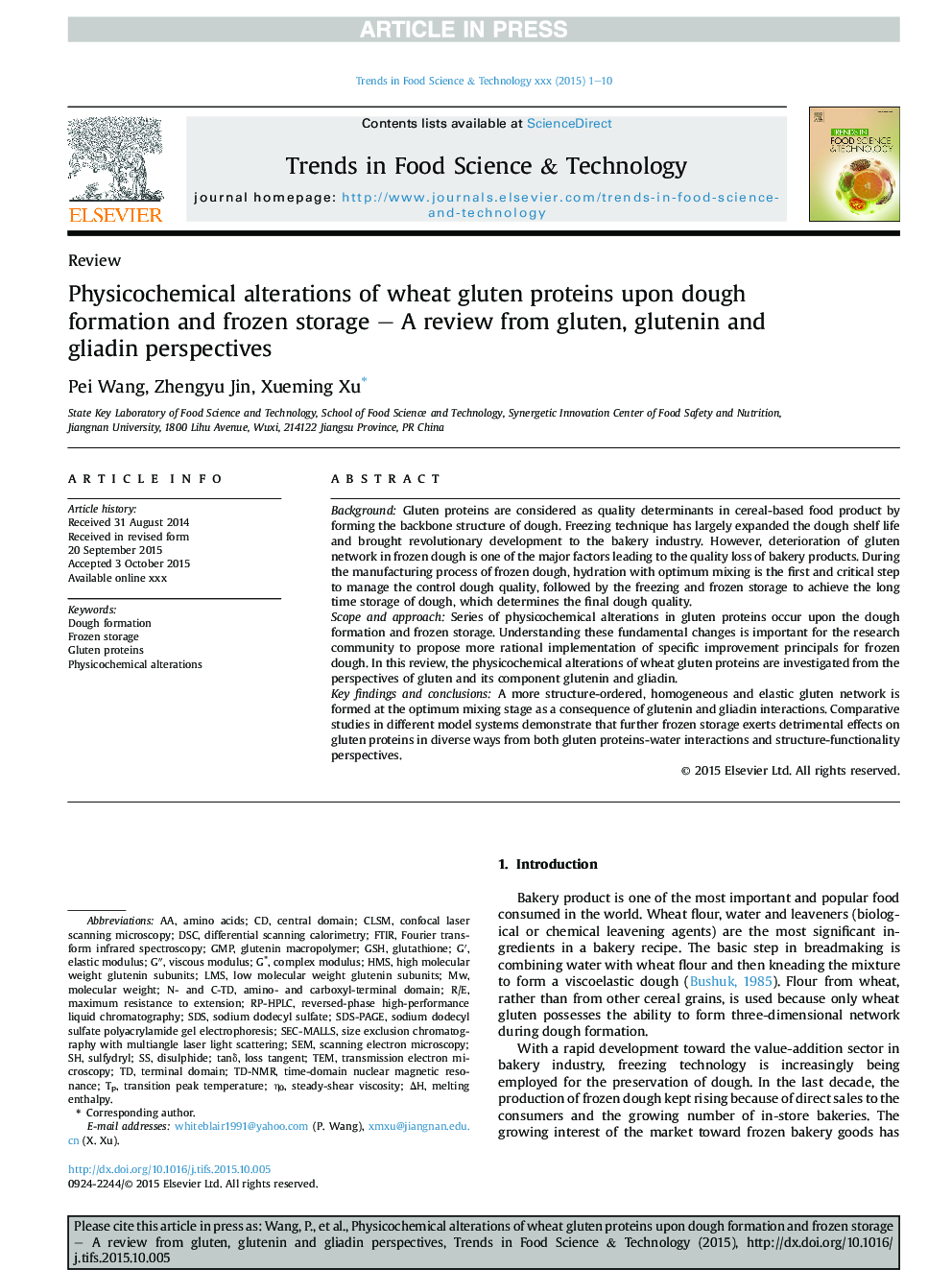 Physicochemical alterations of wheat gluten proteins upon dough formation and frozen storage - A review from gluten, glutenin and gliadin perspectives