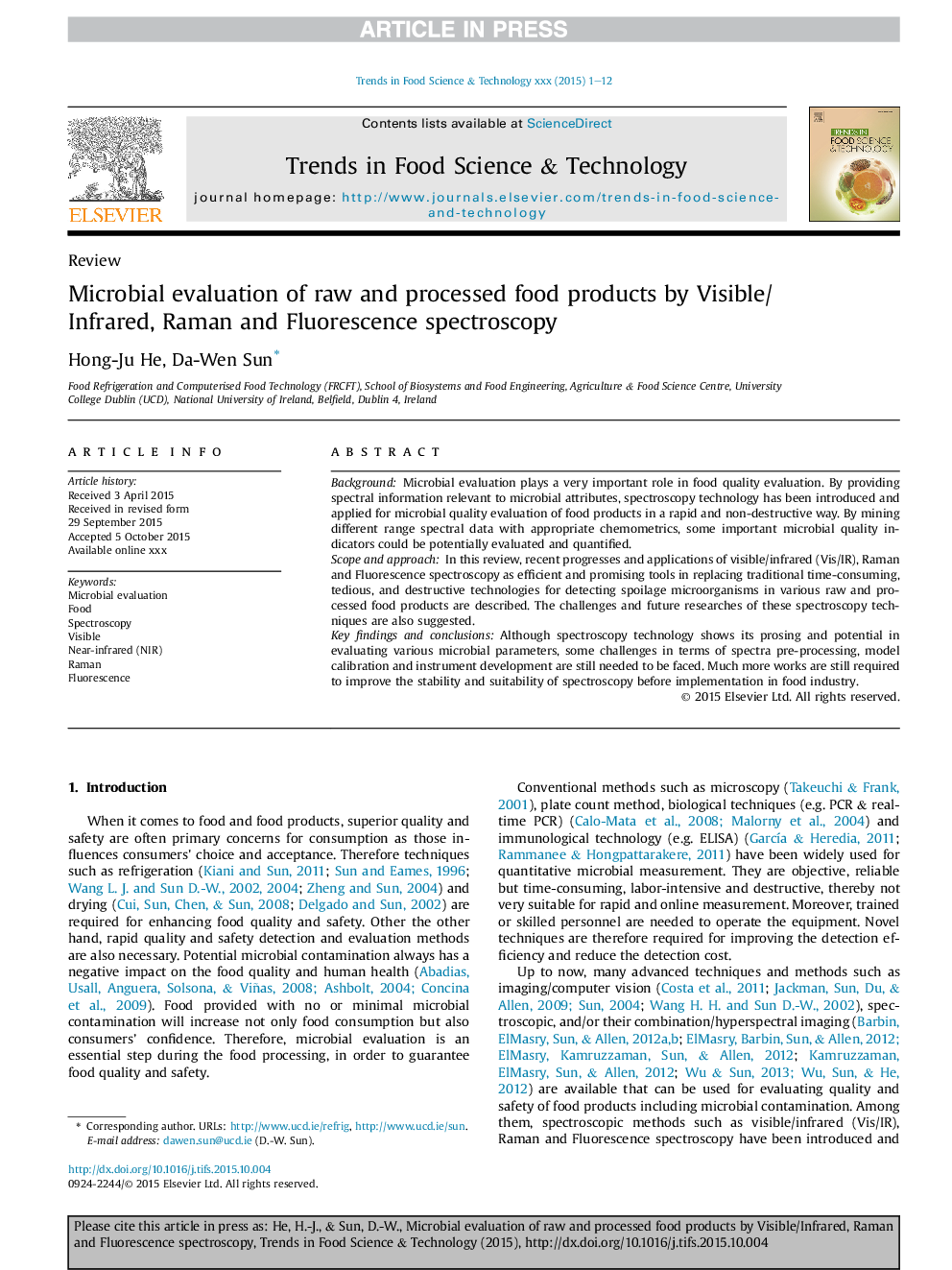 Microbial evaluation of raw and processed food products by Visible/Infrared, Raman and Fluorescence spectroscopy