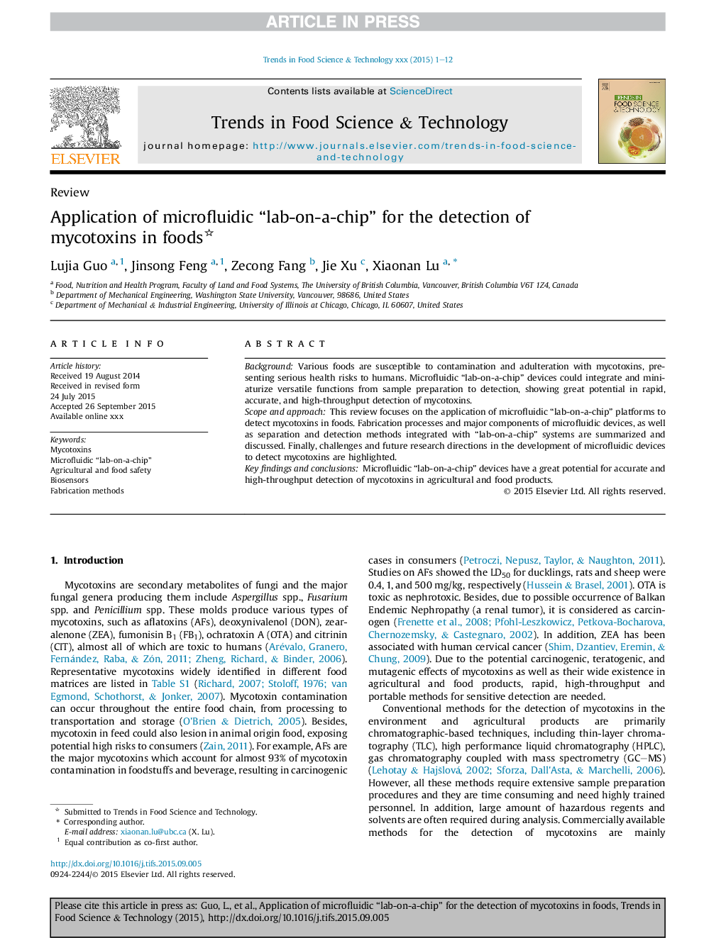 Application of microfluidic “lab-on-a-chip” for the detection of mycotoxins in foods