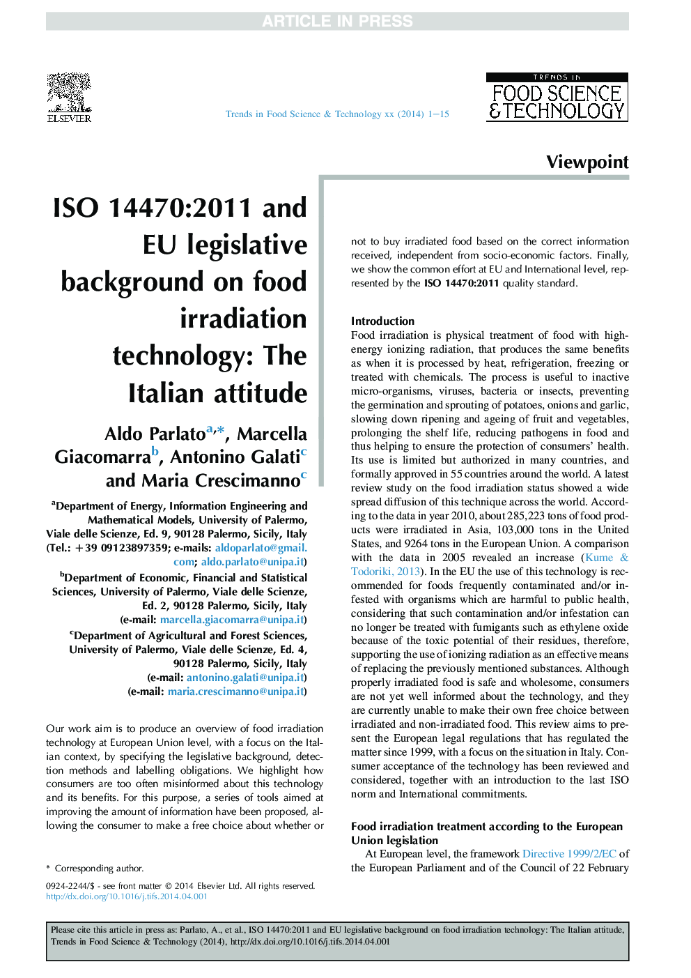 ISO 14470:2011 and EU legislative background on food irradiation technology: The Italian attitude