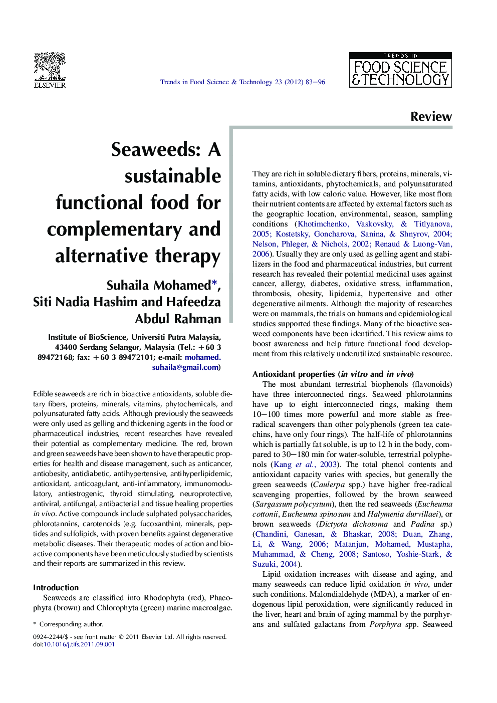 Seaweeds: A sustainable functional food for complementary and alternative therapy