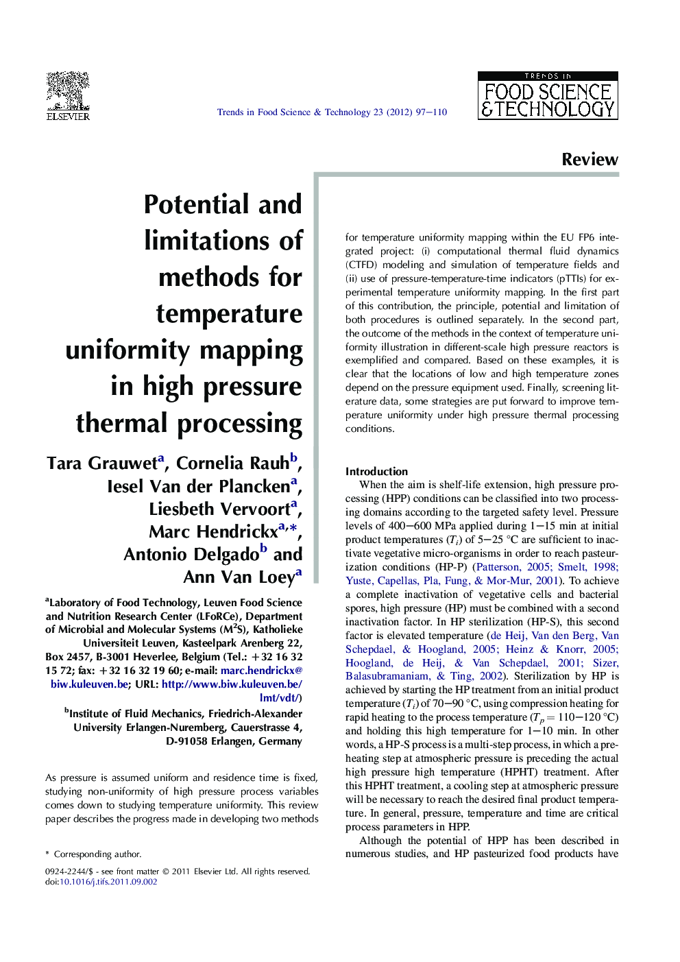 Potential and limitations of methods for temperature uniformity mapping in high pressure thermal processing