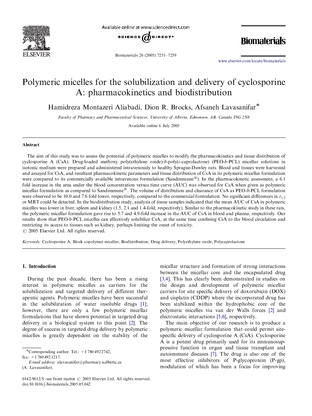 عکس صفحه اول مقاله: Polymeric micelles for the solubilization and delivery of cyclosporine A: pharmacokinetics and biodistribution Polymeric micelles for the solubilization and delivery of cyclosporine A: pharmacokinetics and biodistribution