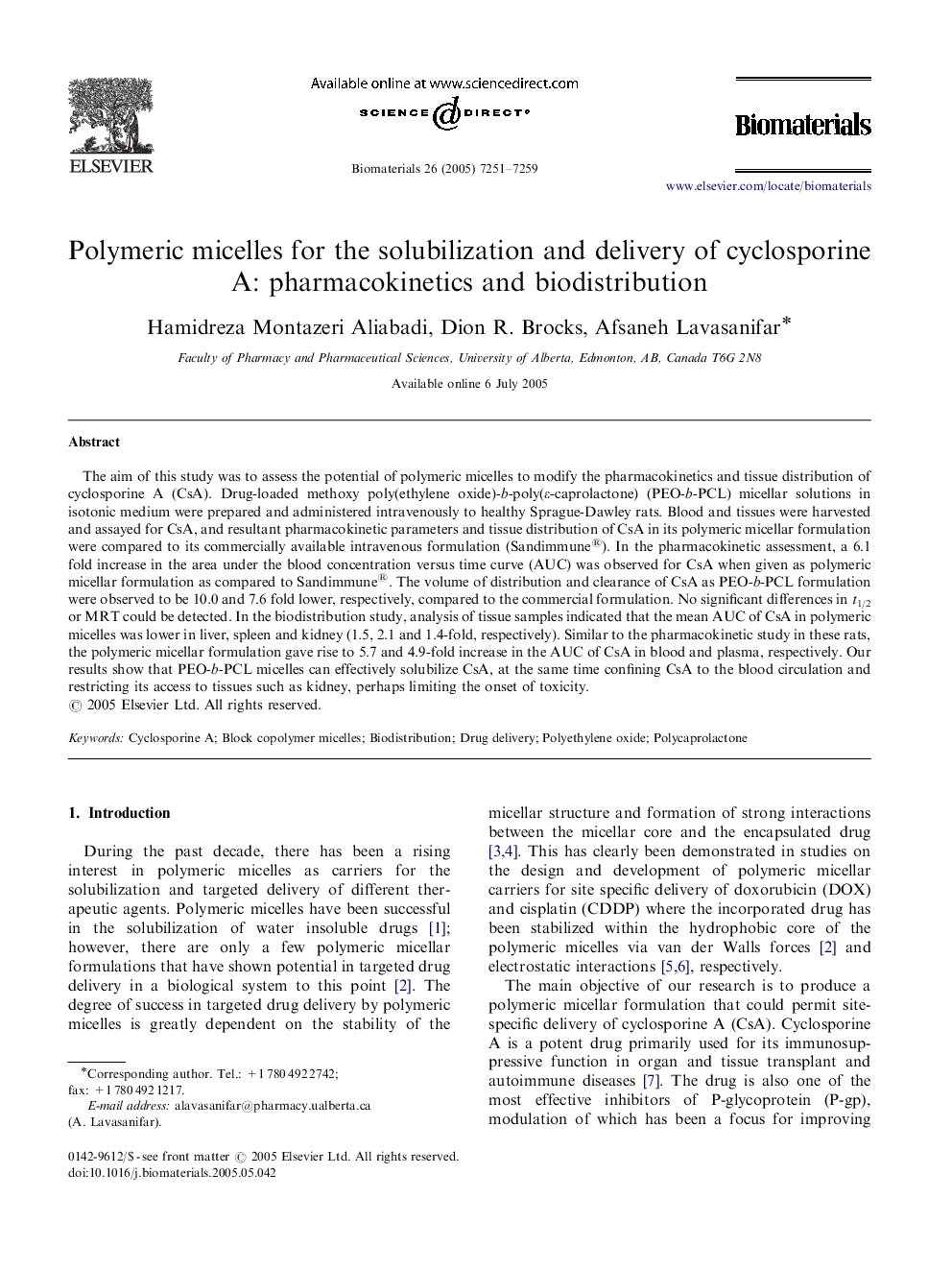 Polymeric micelles for the solubilization and delivery of cyclosporine A: pharmacokinetics and biodistribution