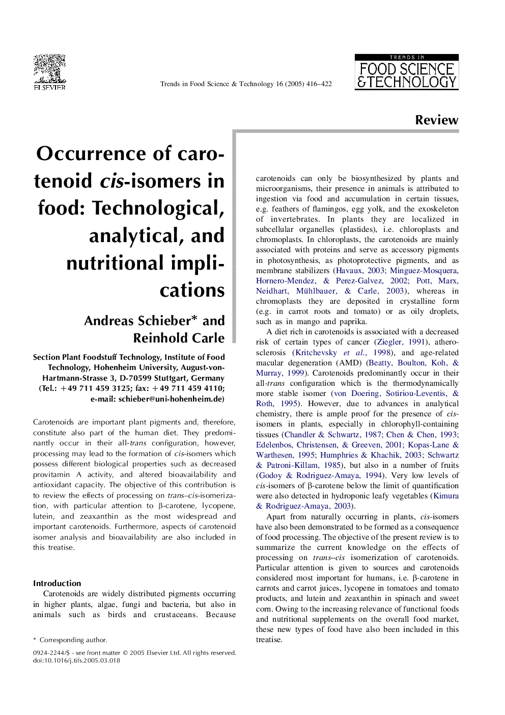 Occurrence of carotenoid cis-isomers in food: Technological, analytical, and nutritional implications