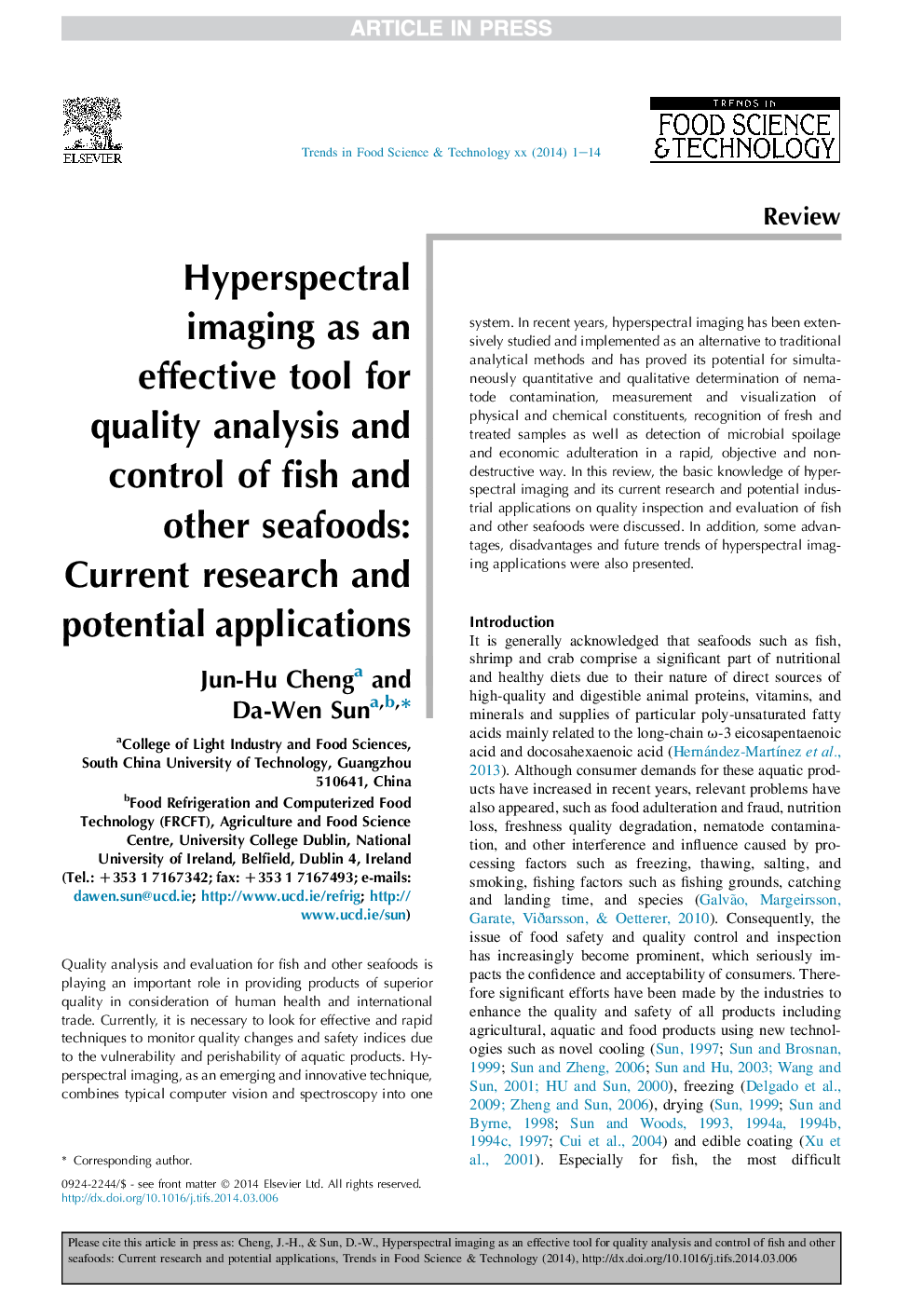 Hyperspectral imaging as an effective tool for quality analysis and control of fish and other seafoods: Current research and potential applications