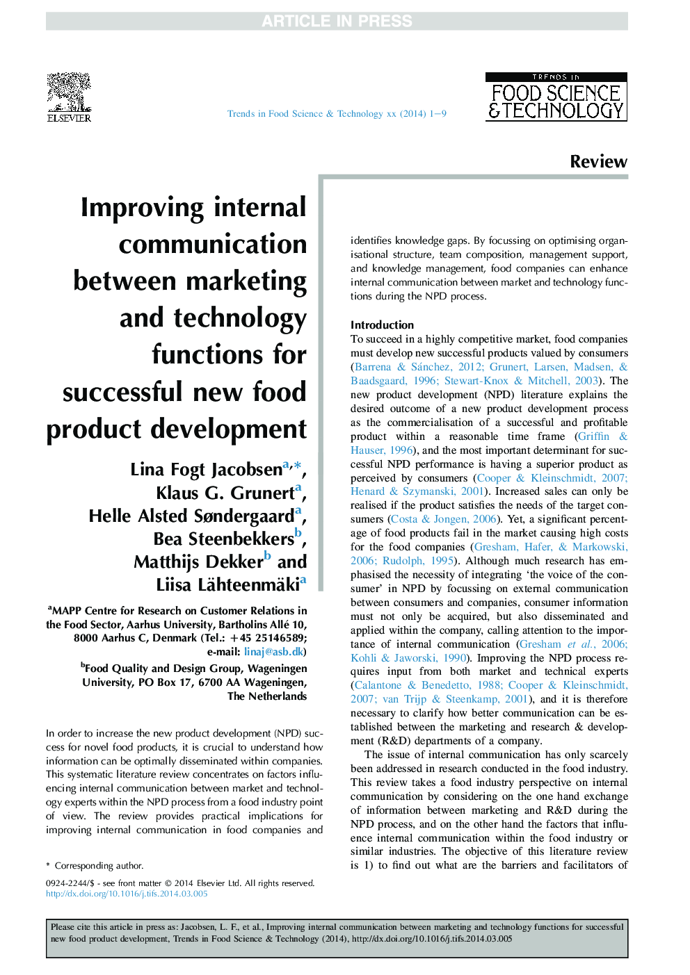 Improving internal communication between marketing and technology functions for successful new food product development