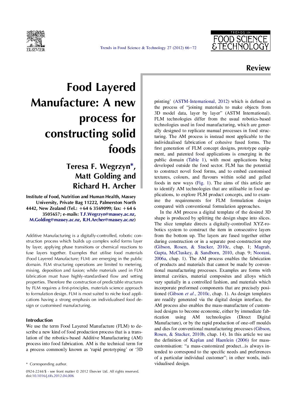 Food Layered Manufacture: A new process for constructing solid foods