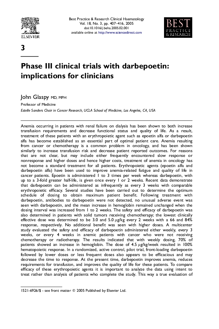 Phase III clinical trials with darbepoetin: implications for clinicians