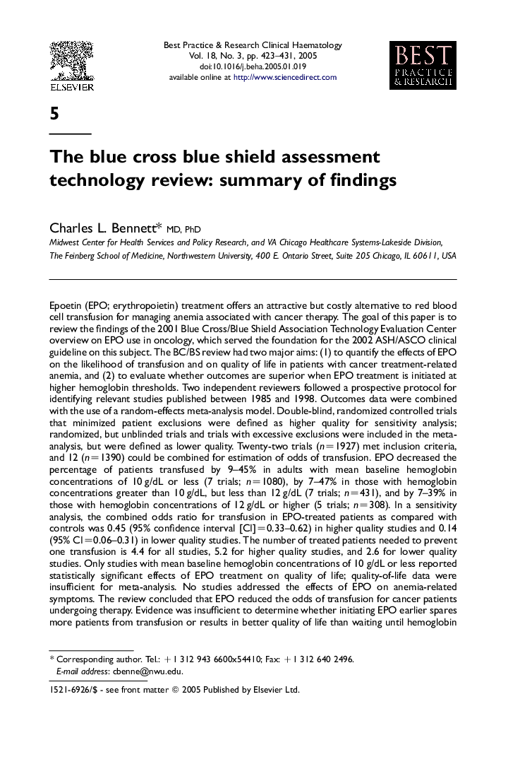 The blue cross blue shield assessment technology review: summary of findings