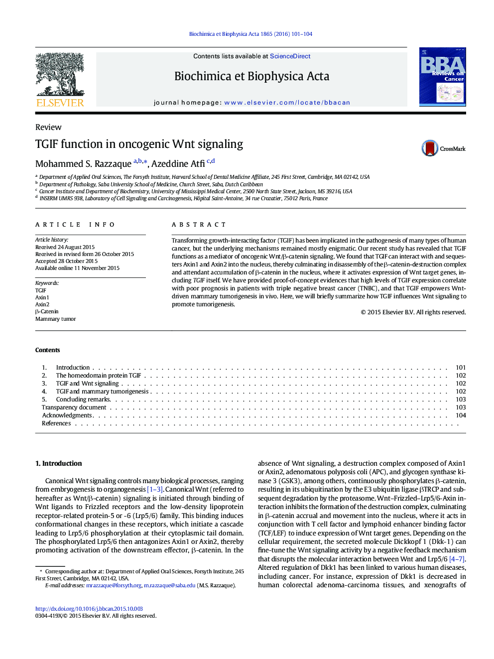 TGIF function in oncogenic Wnt signaling