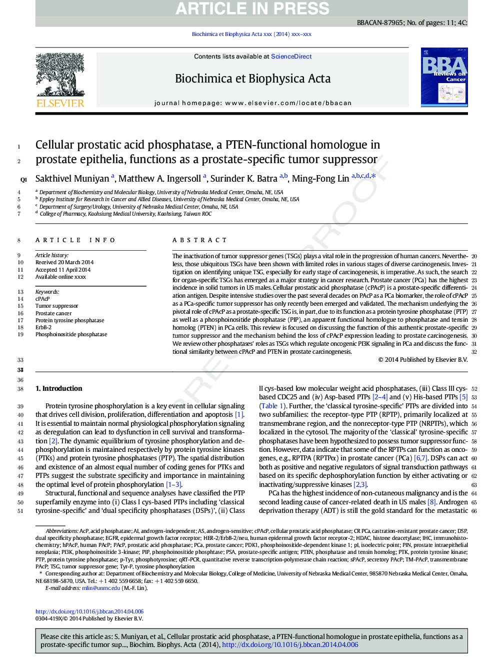 عکس صفحه اول مقاله: Cellular prostatic acid phosphatase, a PTEN-functional homologue in prostate epithelia, functions as a prostate-specific tumor suppressor Cellular prostatic acid phosphatase, a PTEN-functional homologue in prostate epithelia, functions as a prostate-specific tumor suppressor