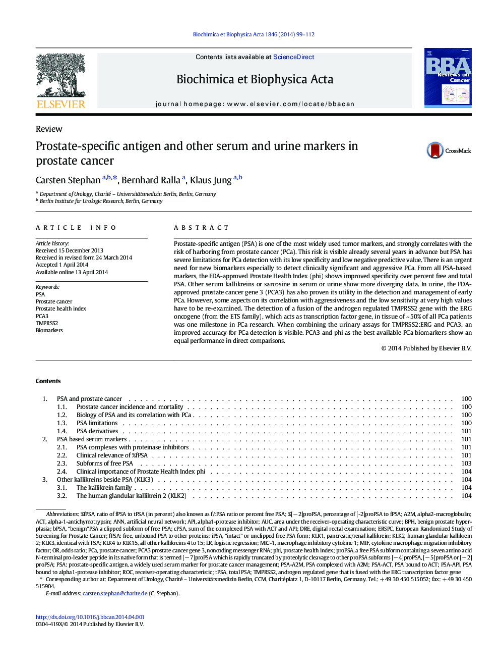 Prostate-specific antigen and other serum and urine markers in prostate cancer