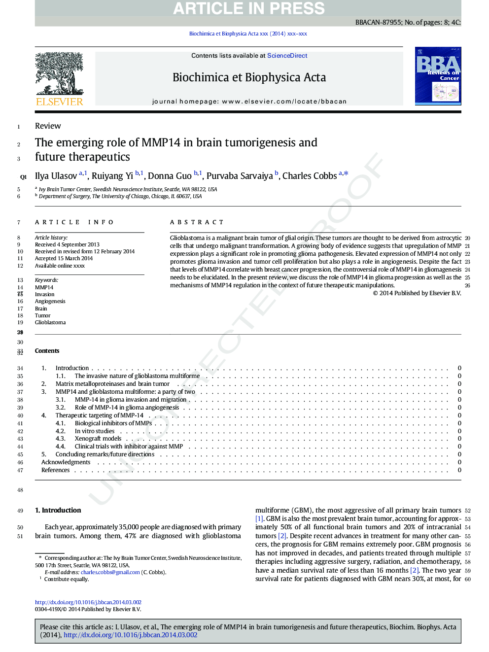 The emerging role of MMP14 in brain tumorigenesis and future therapeutics