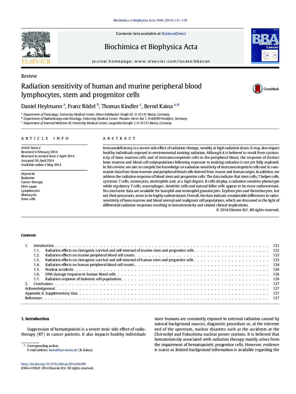 Radiation sensitivity of human and murine peripheral blood lymphocytes, stem and progenitor cells