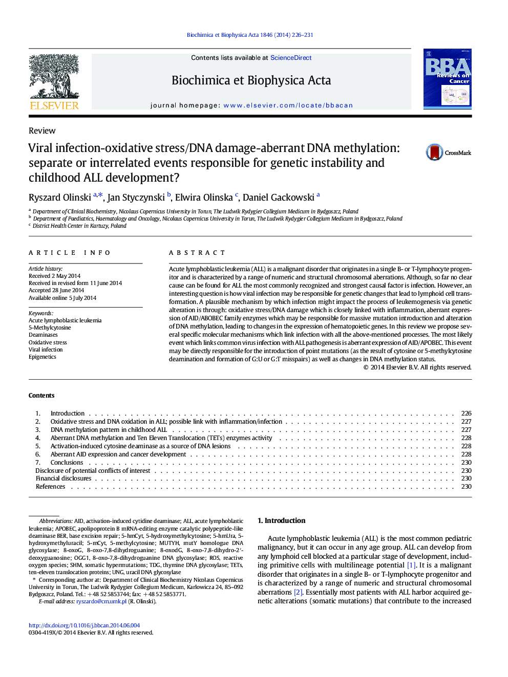 Viral infection-oxidative stress/DNA damage-aberrant DNA methylation: separate or interrelated events responsible for genetic instability and childhood ALL development?