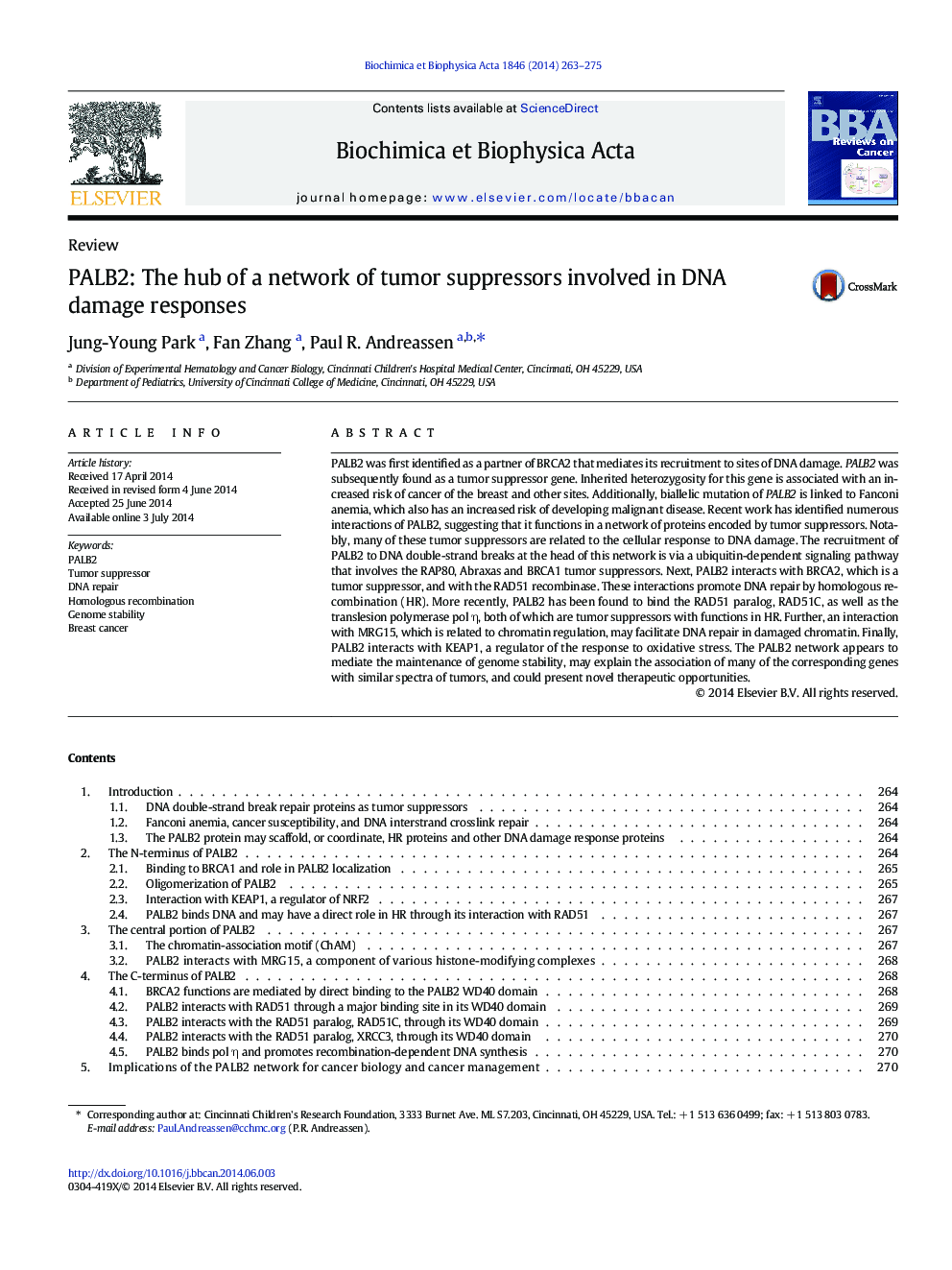 PALB2: The hub of a network of tumor suppressors involved in DNA damage responses