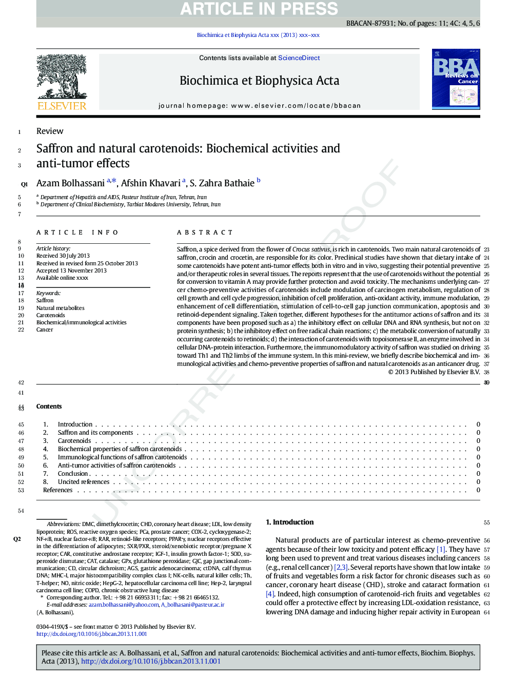 زعفران و کاروتنوئیدهای طبیعی: فعالیت های بیوشیمیایی و اثرات ضد تومور 