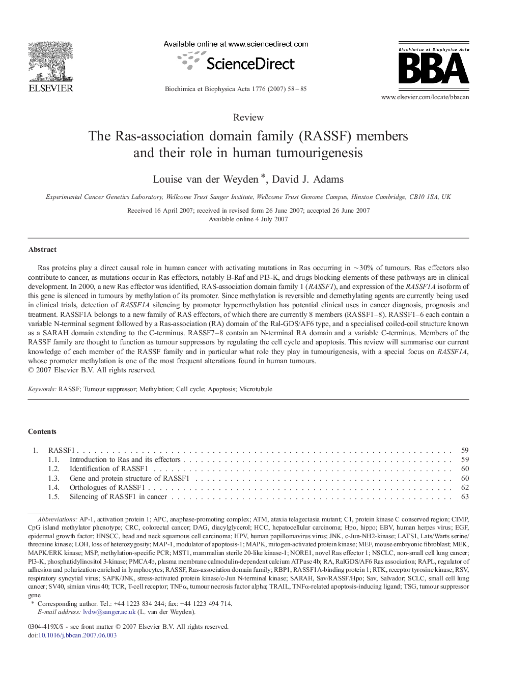 The Ras-association domain family (RASSF) members and their role in human tumourigenesis