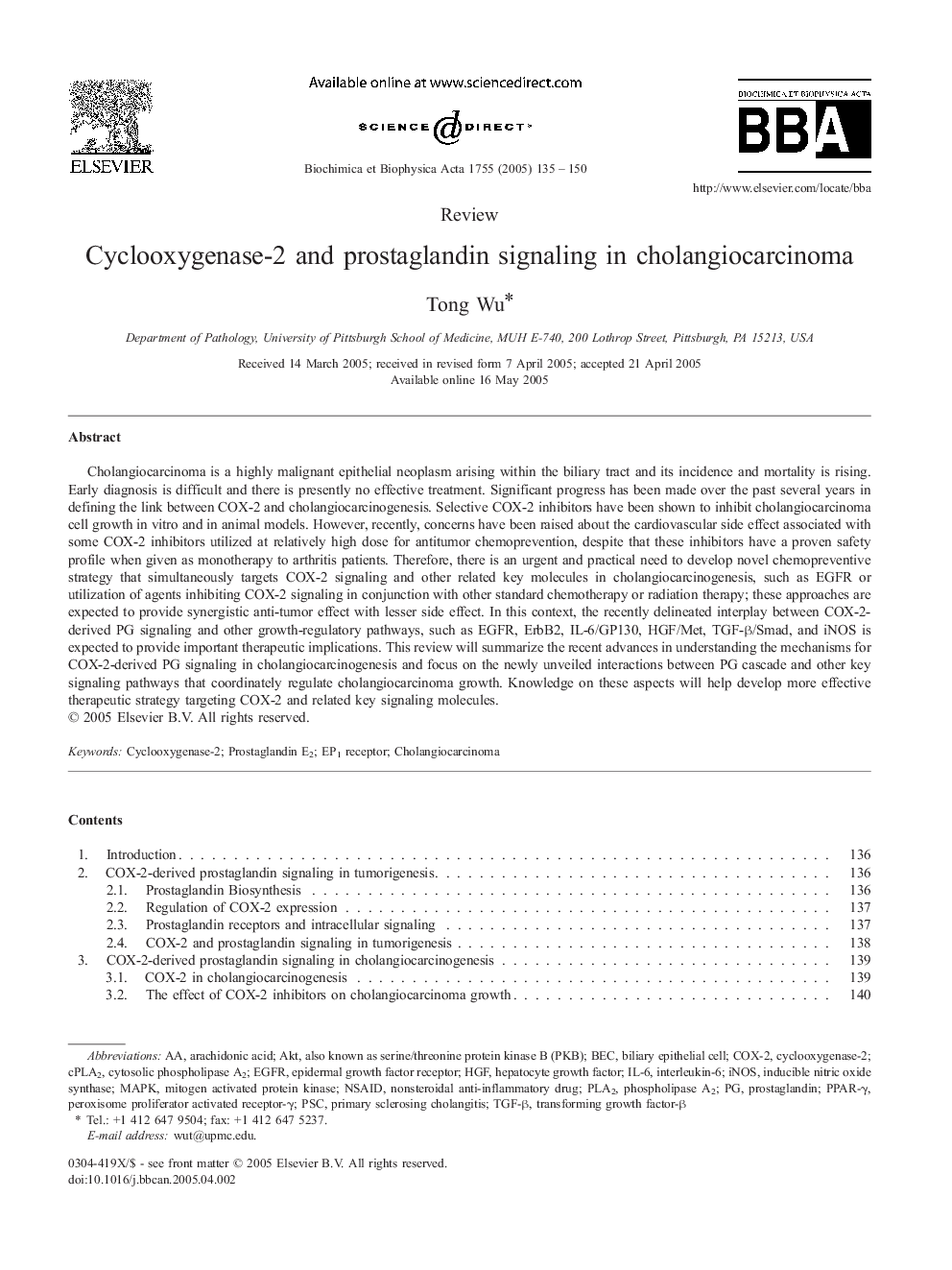 Cyclooxygenase-2 and prostaglandin signaling in cholangiocarcinoma