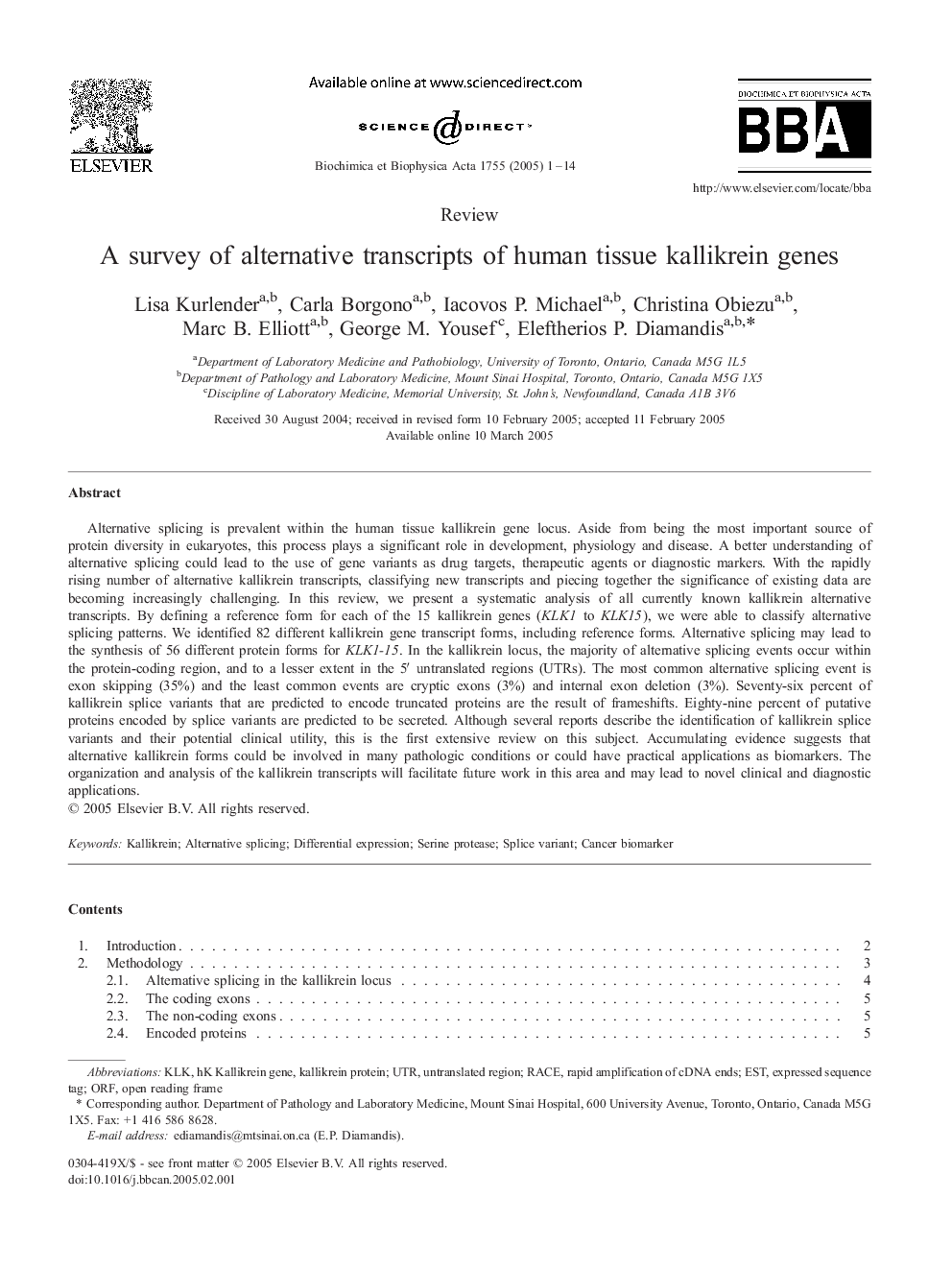 A survey of alternative transcripts of human tissue kallikrein genes