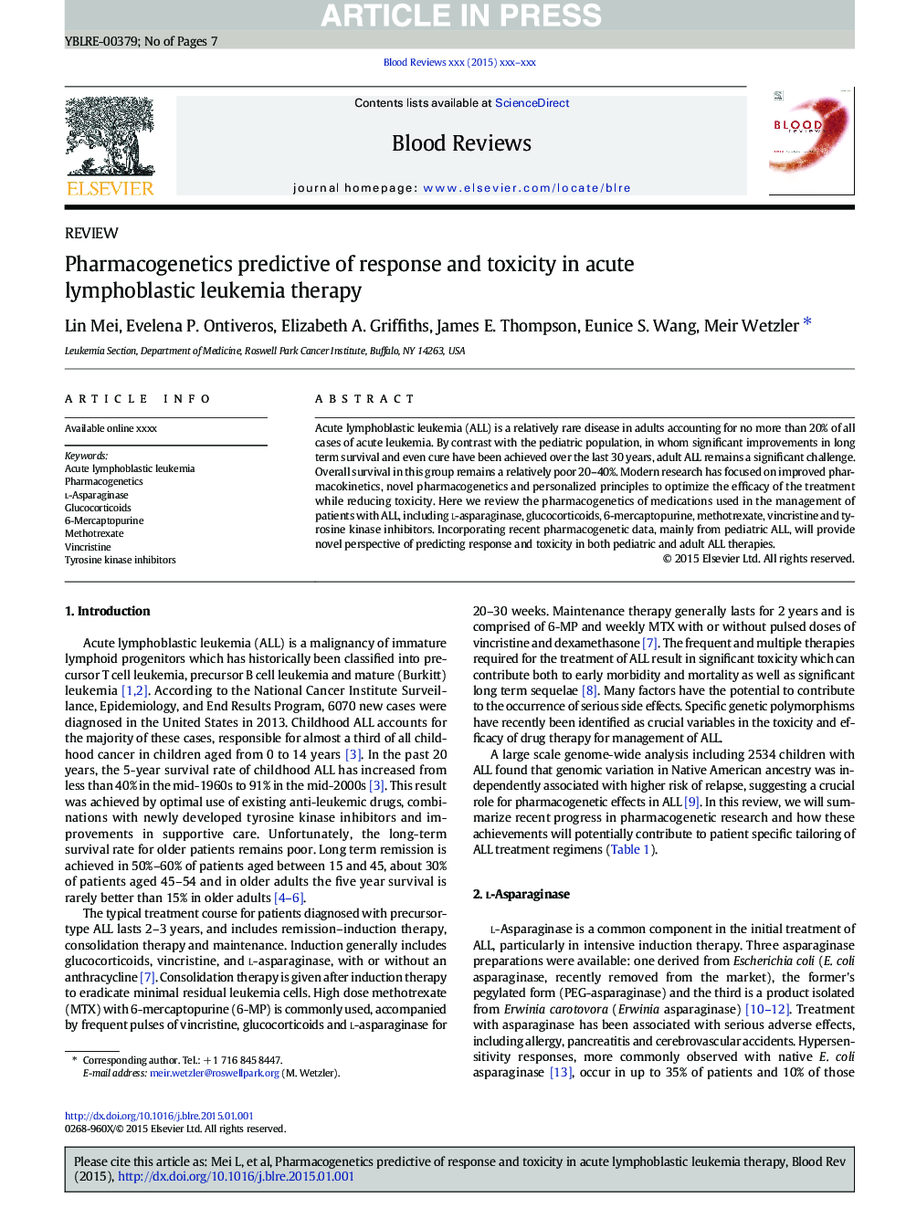 Pharmacogenetics predictive of response and toxicity in acute lymphoblastic leukemia therapy