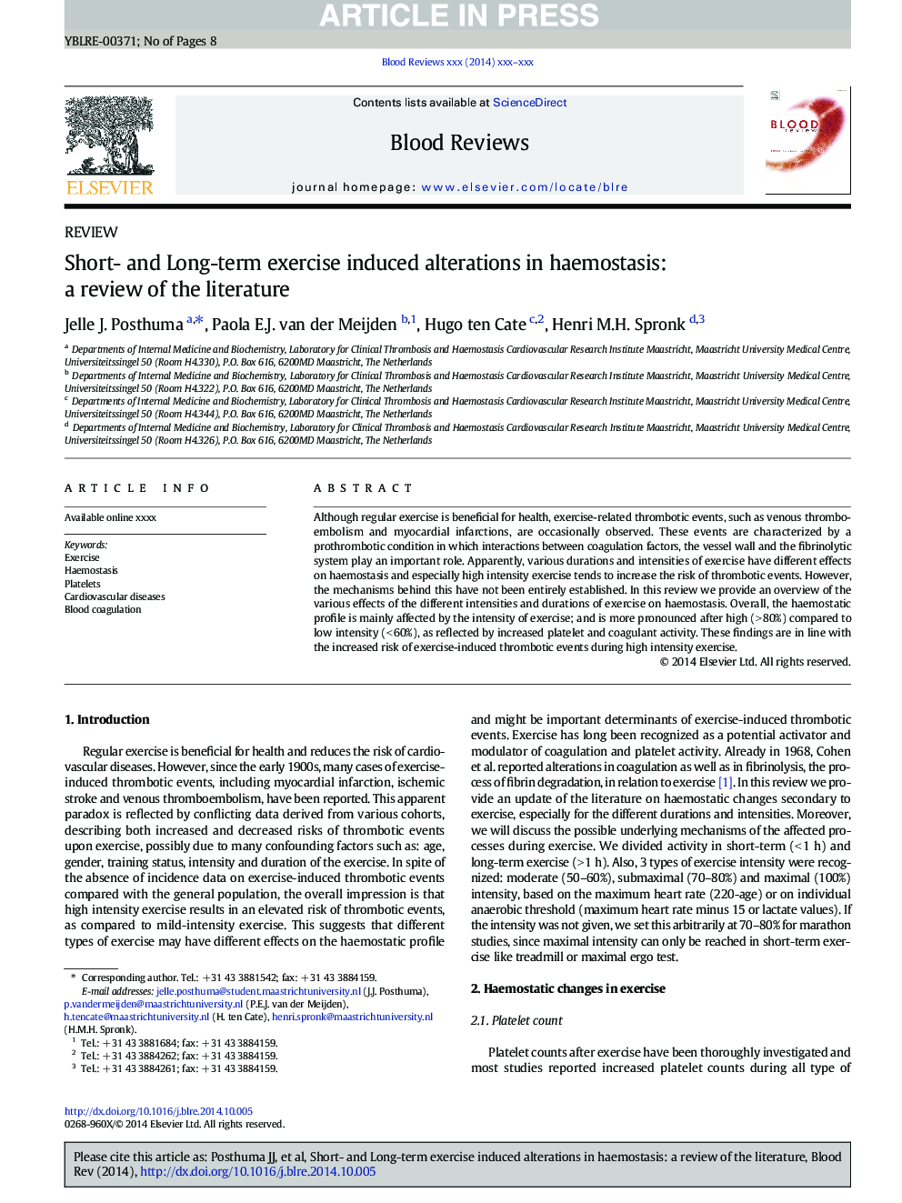 Short- and Long-term exercise induced alterations in haemostasis: a review of the literature