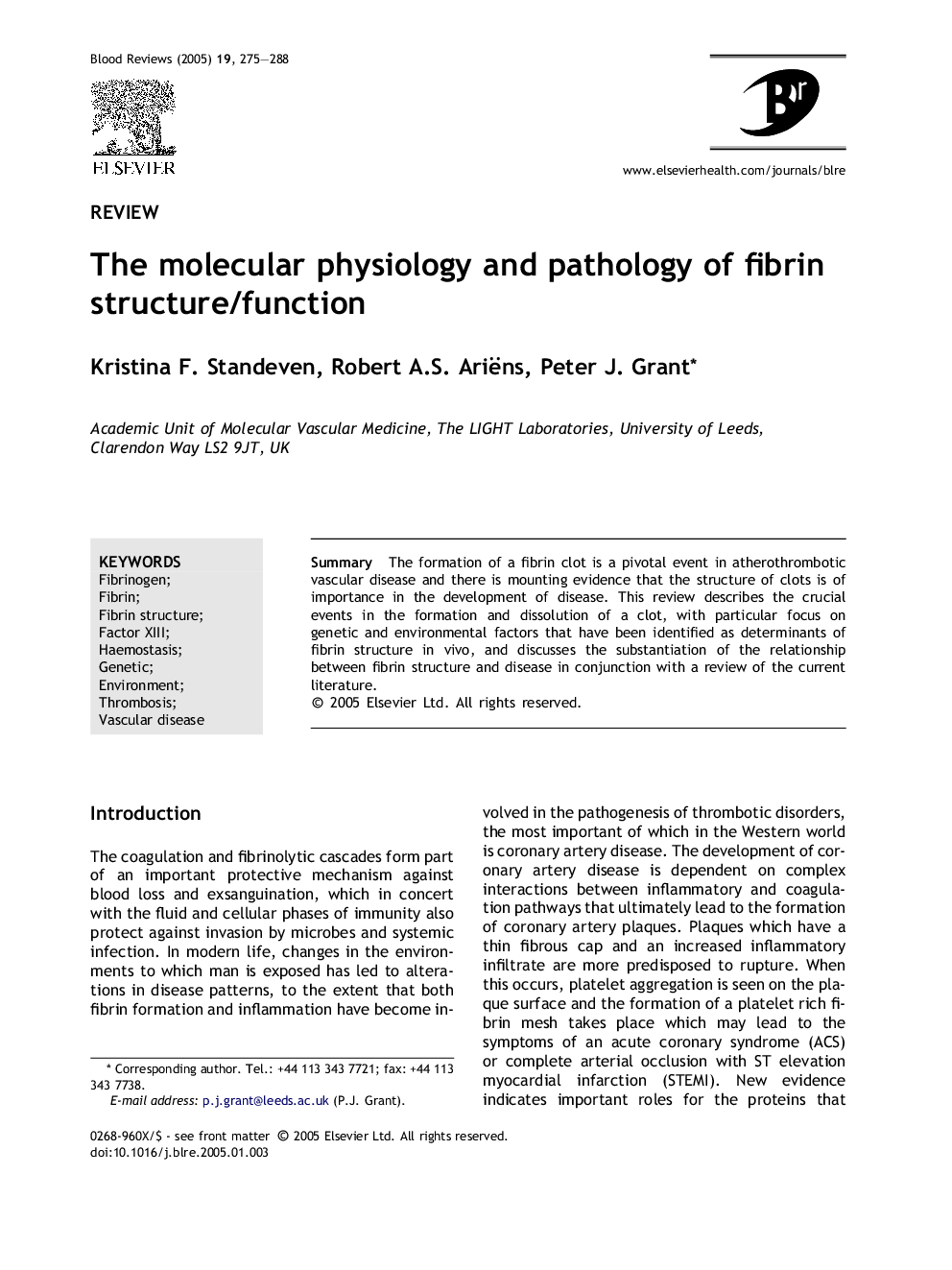 The molecular physiology and pathology of fibrin structure/function