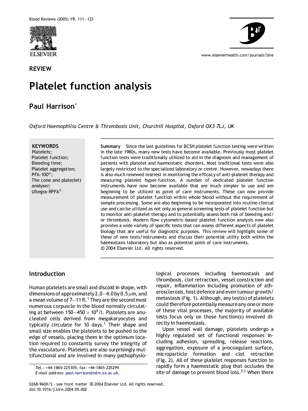 Platelet function analysis