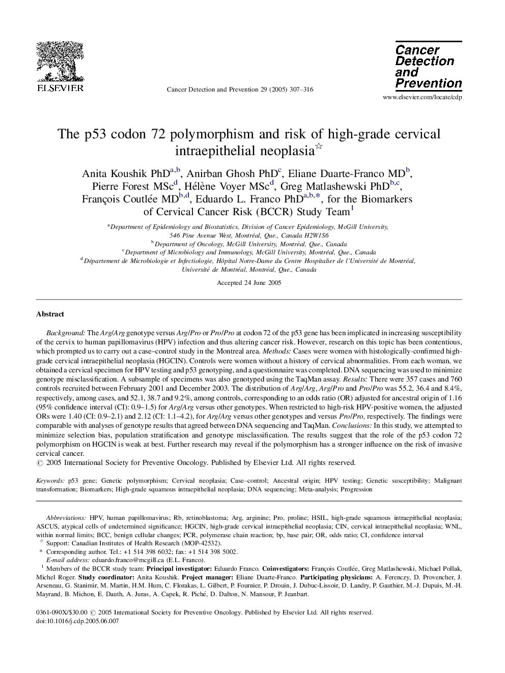 The p53 codon 72 polymorphism and risk of high-grade cervical intraepithelial neoplasia