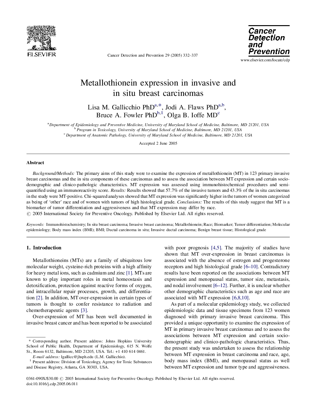 Metallothionein expression in invasive and in situ breast carcinomas