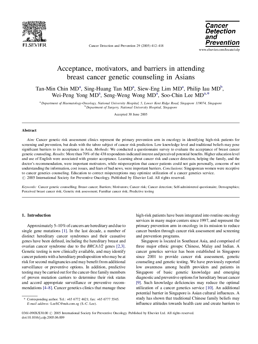 Acceptance, motivators, and barriers in attending breast cancer genetic counseling in Asians