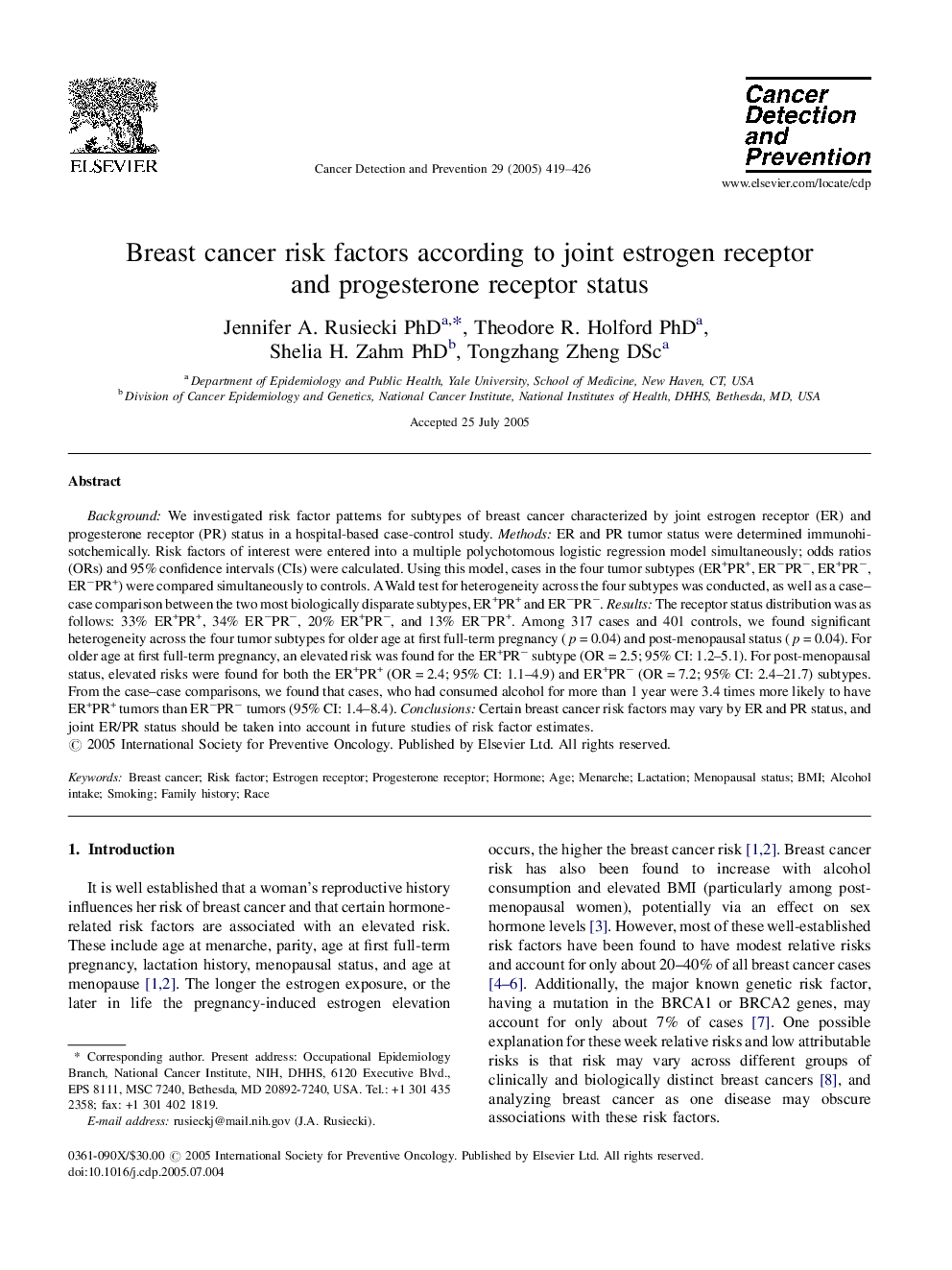 Breast cancer risk factors according to joint estrogen receptor and progesterone receptor status