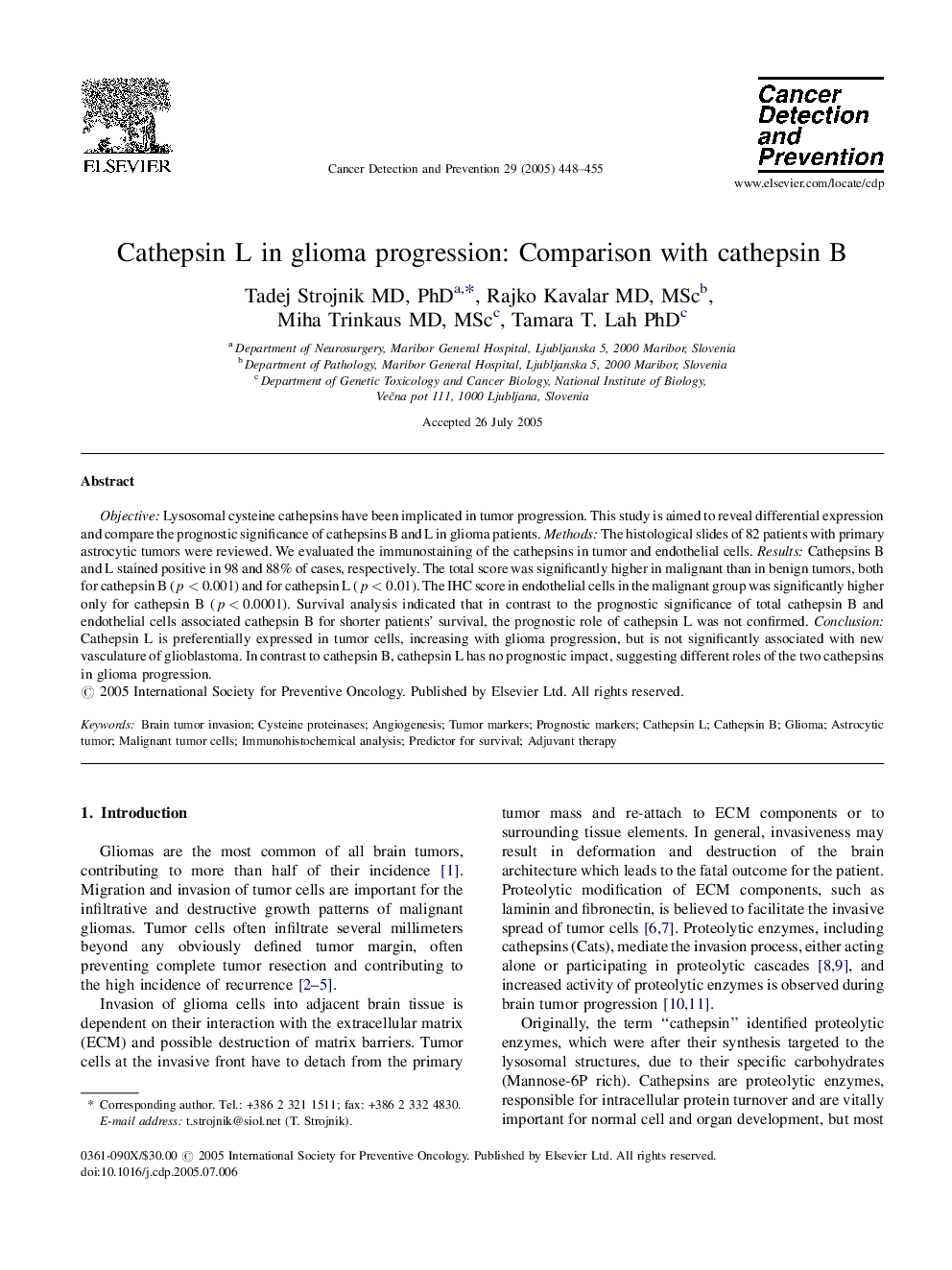 Cathepsin L in glioma progression: Comparison with cathepsin B