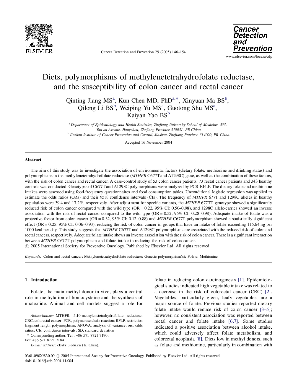 Diets, polymorphisms of methylenetetrahydrofolate reductase, and the susceptibility of colon cancer and rectal cancer