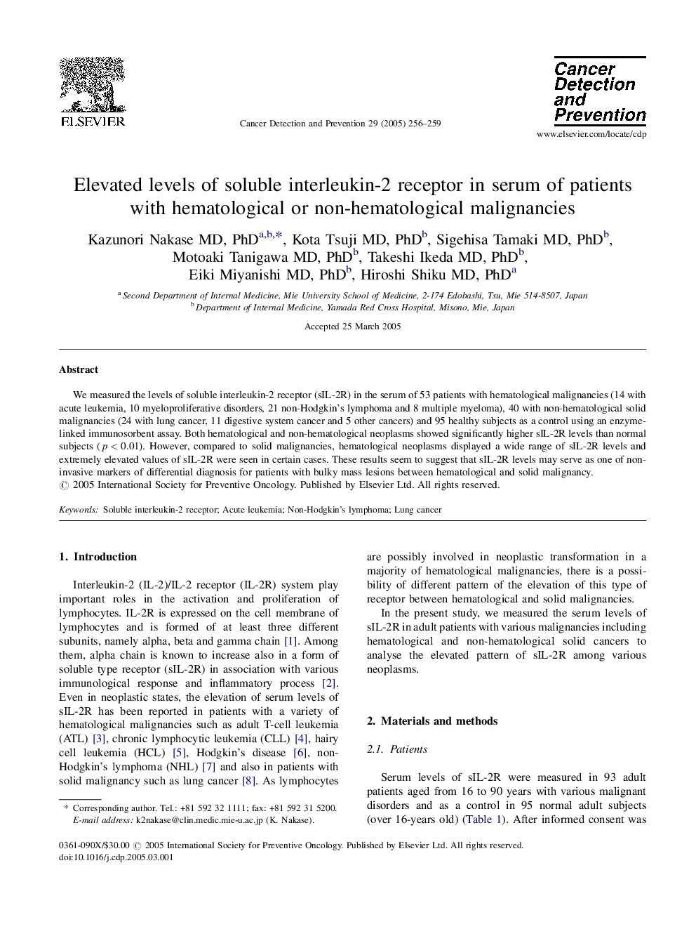 Elevated levels of soluble interleukin-2 receptor in serum of patients with hematological or non-hematological malignancies