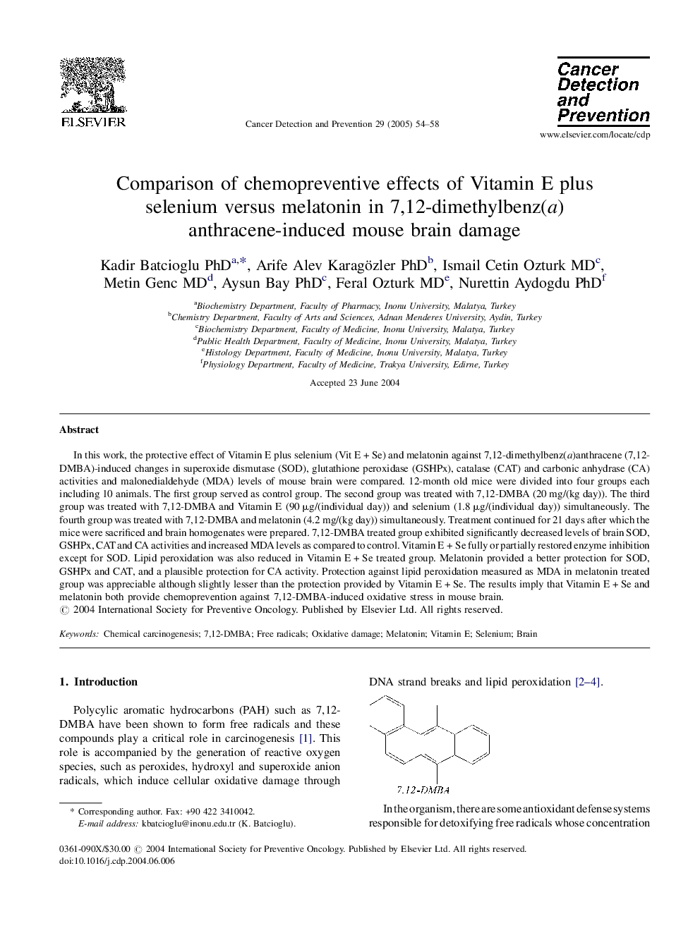 Comparison of chemopreventive effects of Vitamin E plus selenium versus melatonin in 7,12-dimethylbenz(a)anthracene-induced mouse brain damage