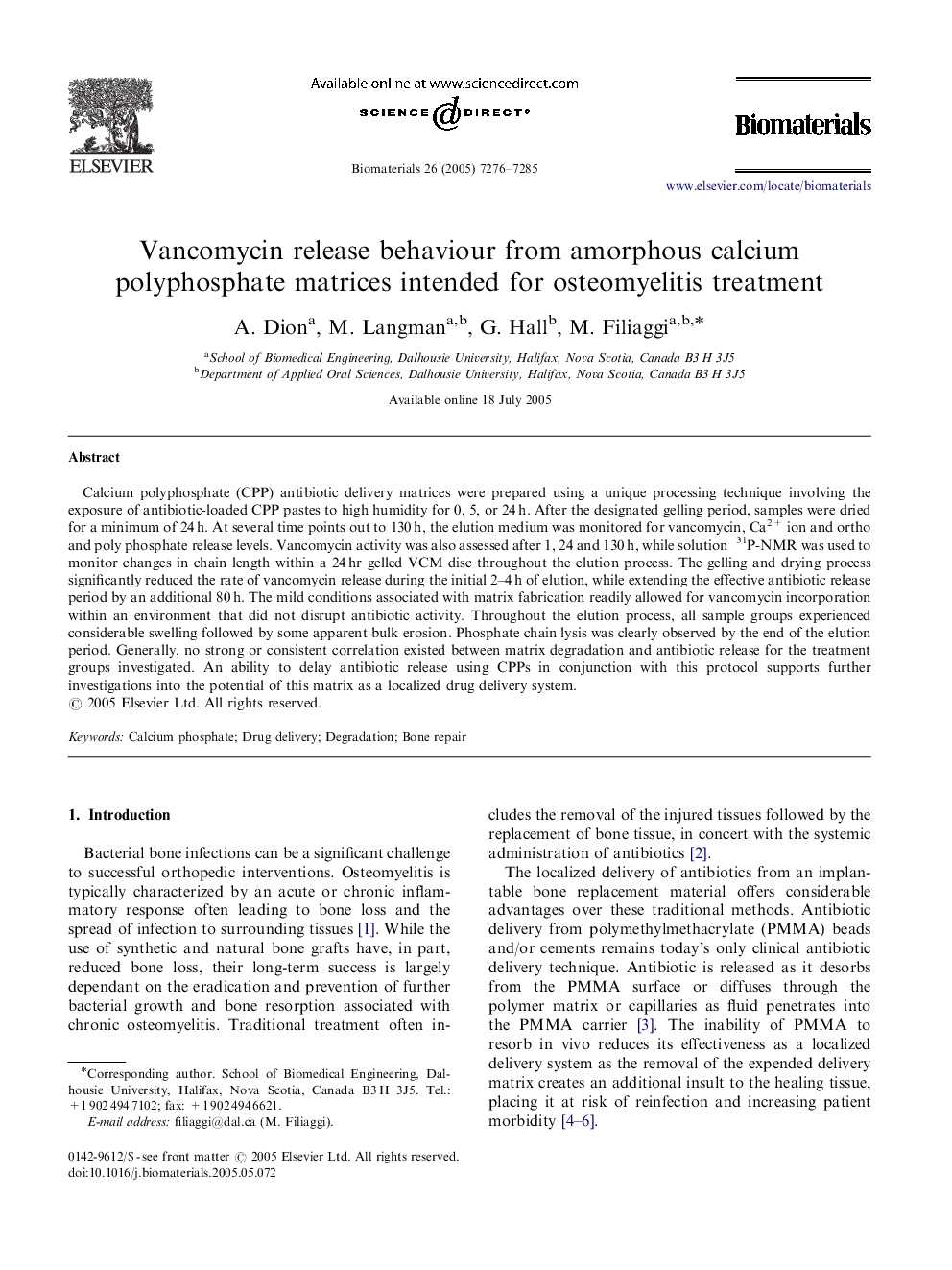 Vancomycin release behaviour from amorphous calcium polyphosphate matrices intended for osteomyelitis treatment