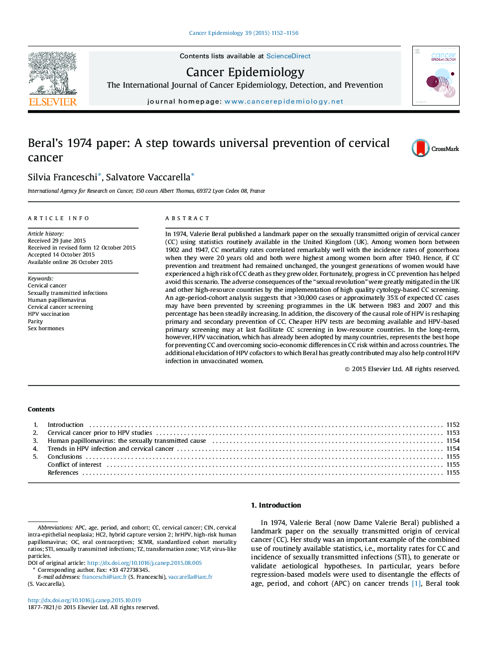 Beral's 1974 paper: A step towards universal prevention of cervical cancer