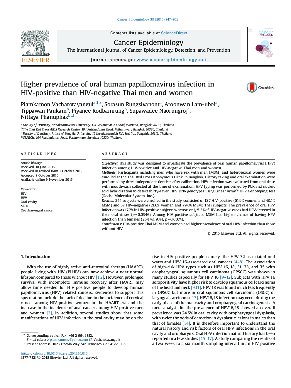 Higher prevalence of oral human papillomavirus infection in HIV-positive than HIV-negative Thai men and women