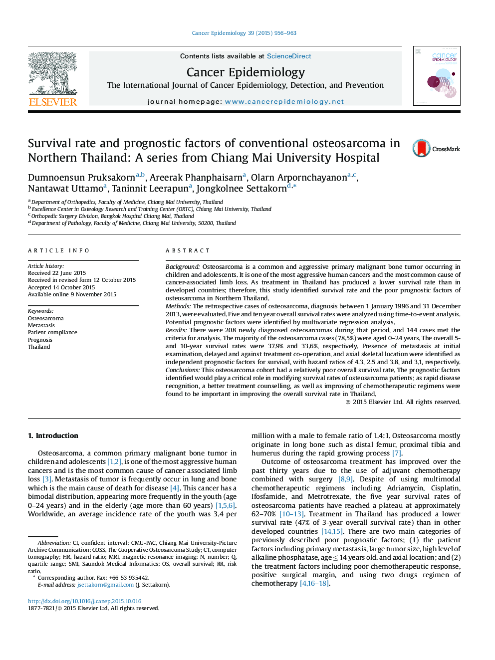 Survival rate and prognostic factors of conventional osteosarcoma in Northern Thailand: A series from Chiang Mai University Hospital