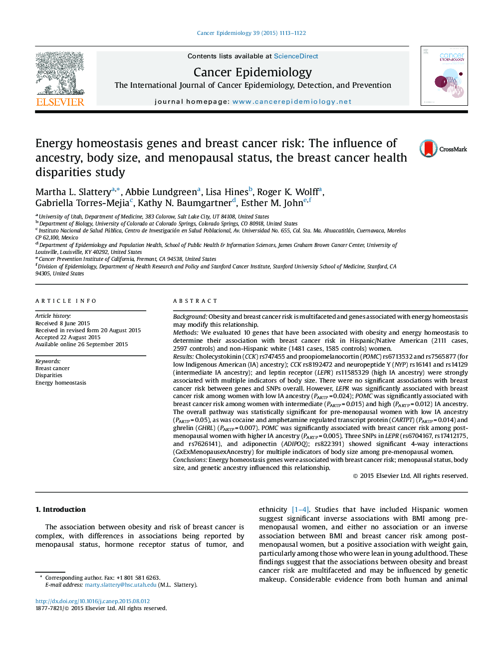 Energy homeostasis genes and breast cancer risk: The influence of ancestry, body size, and menopausal status, the breast cancer health disparities study