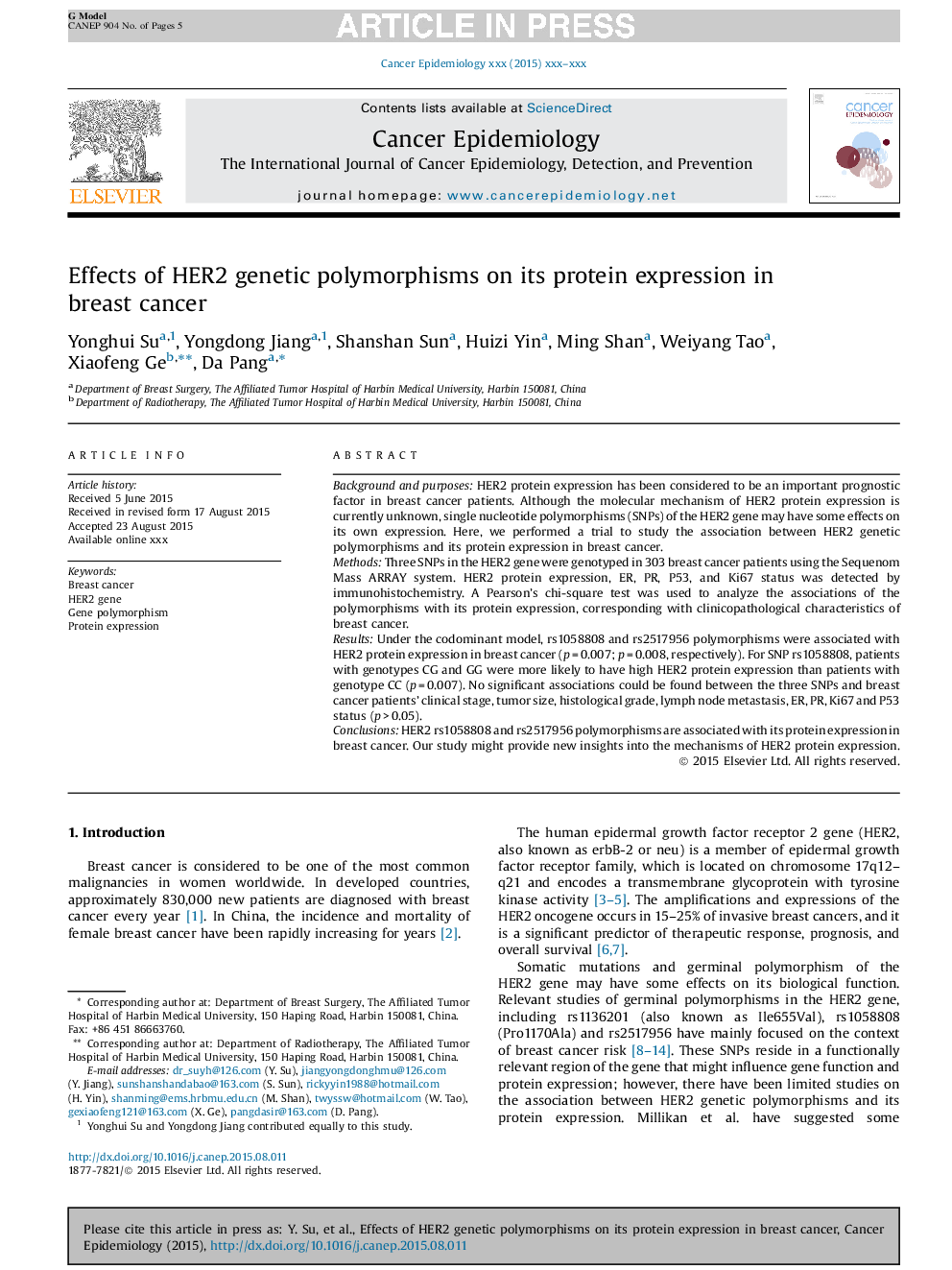 Effects of HER2 genetic polymorphisms on its protein expression in breast cancer