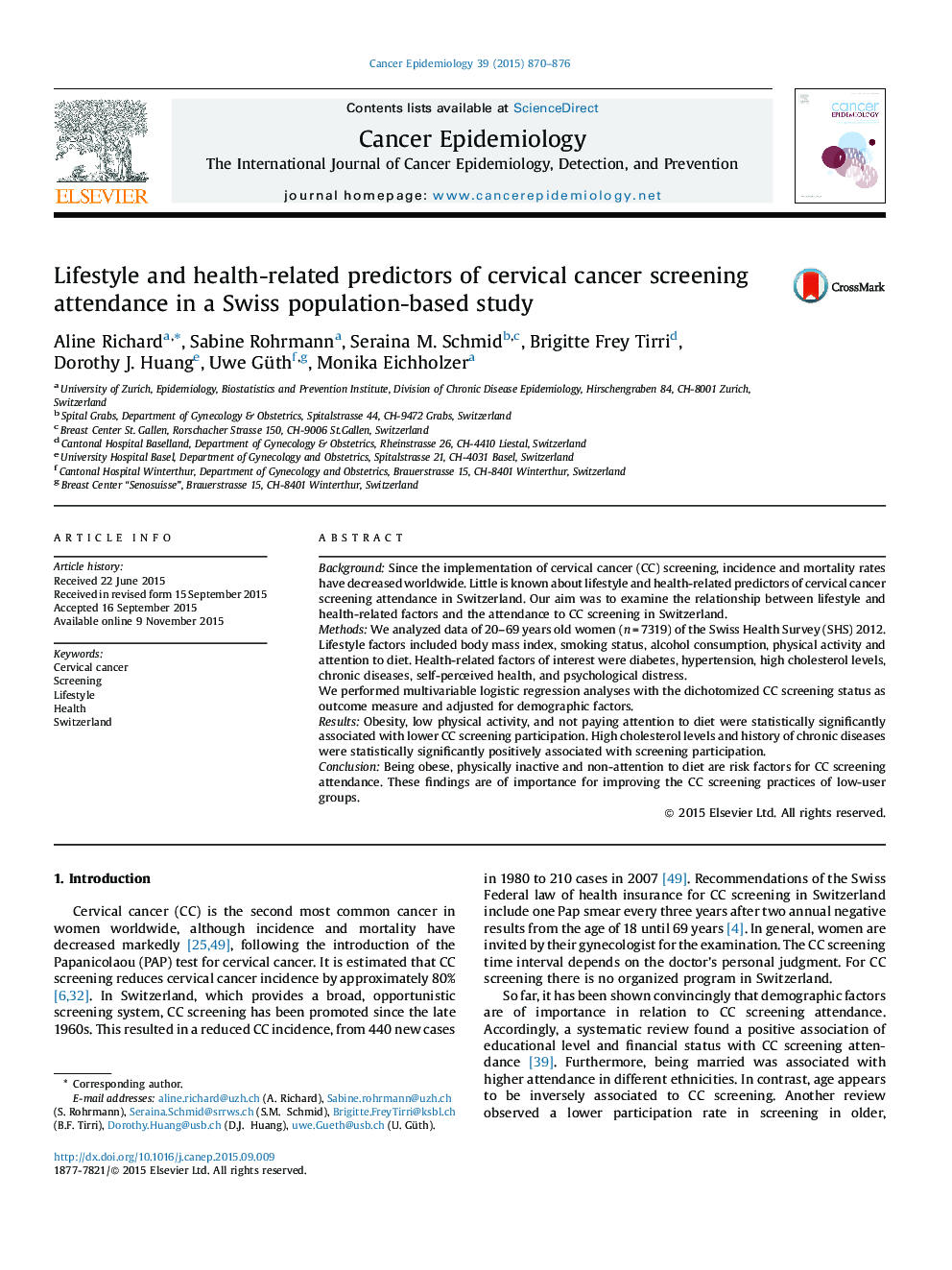 Lifestyle and health-related predictors of cervical cancer screening attendance in a Swiss population-based study