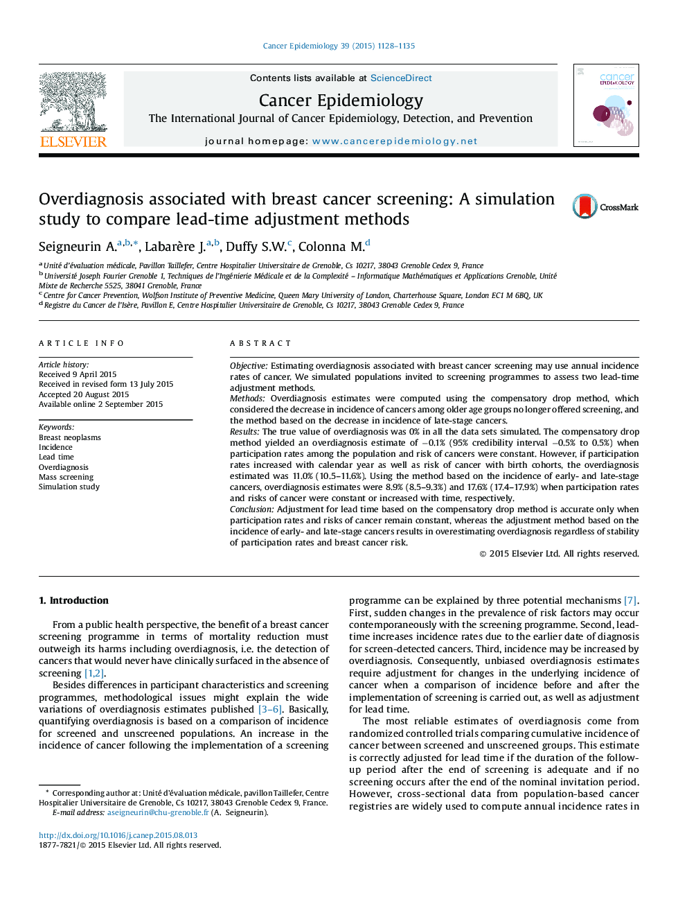 Overdiagnosis associated with breast cancer screening: A simulation study to compare lead-time adjustment methods