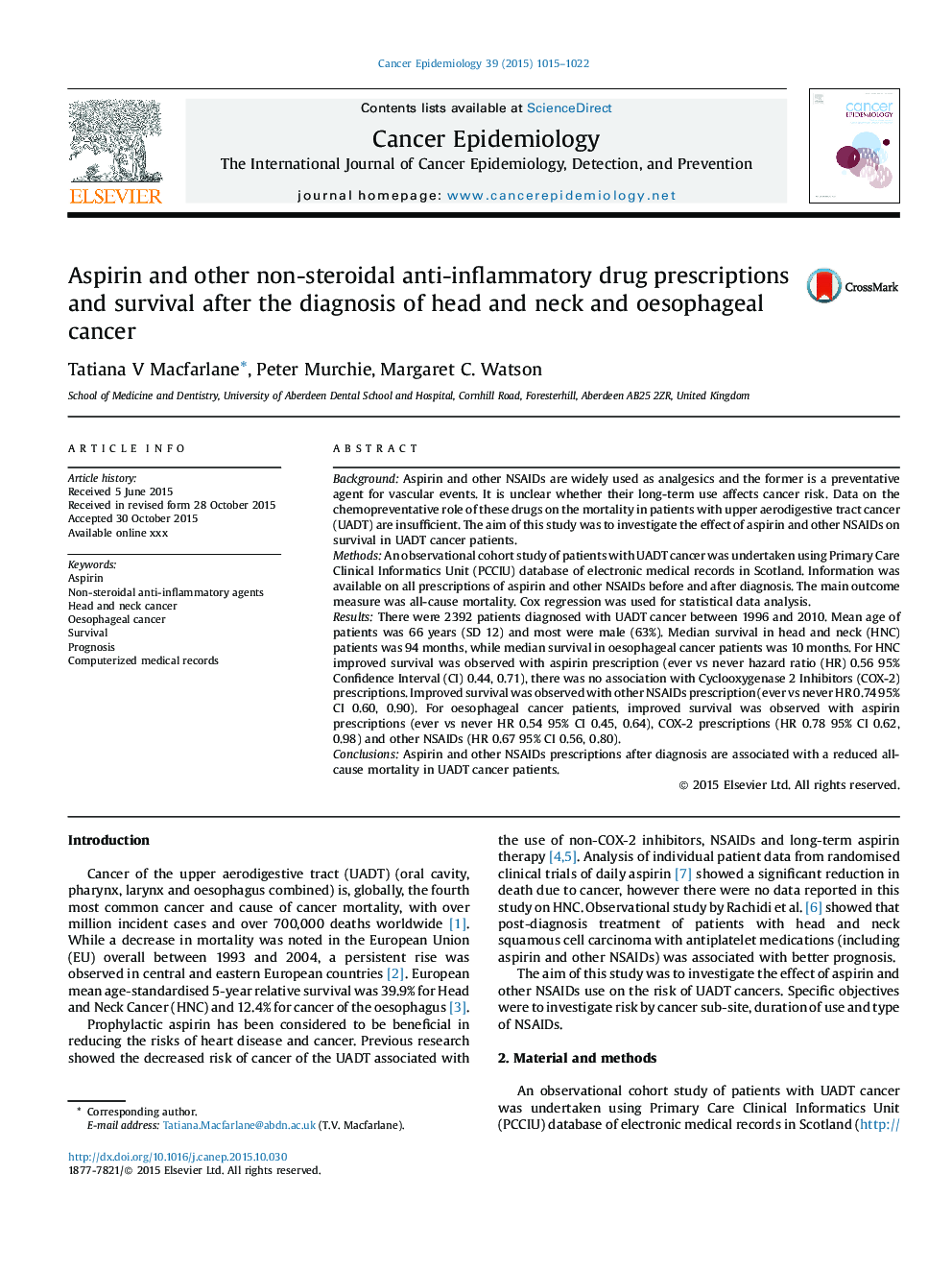 Aspirin and other non-steroidal anti-inflammatory drug prescriptions and survival after the diagnosis of head and neck and oesophageal cancer