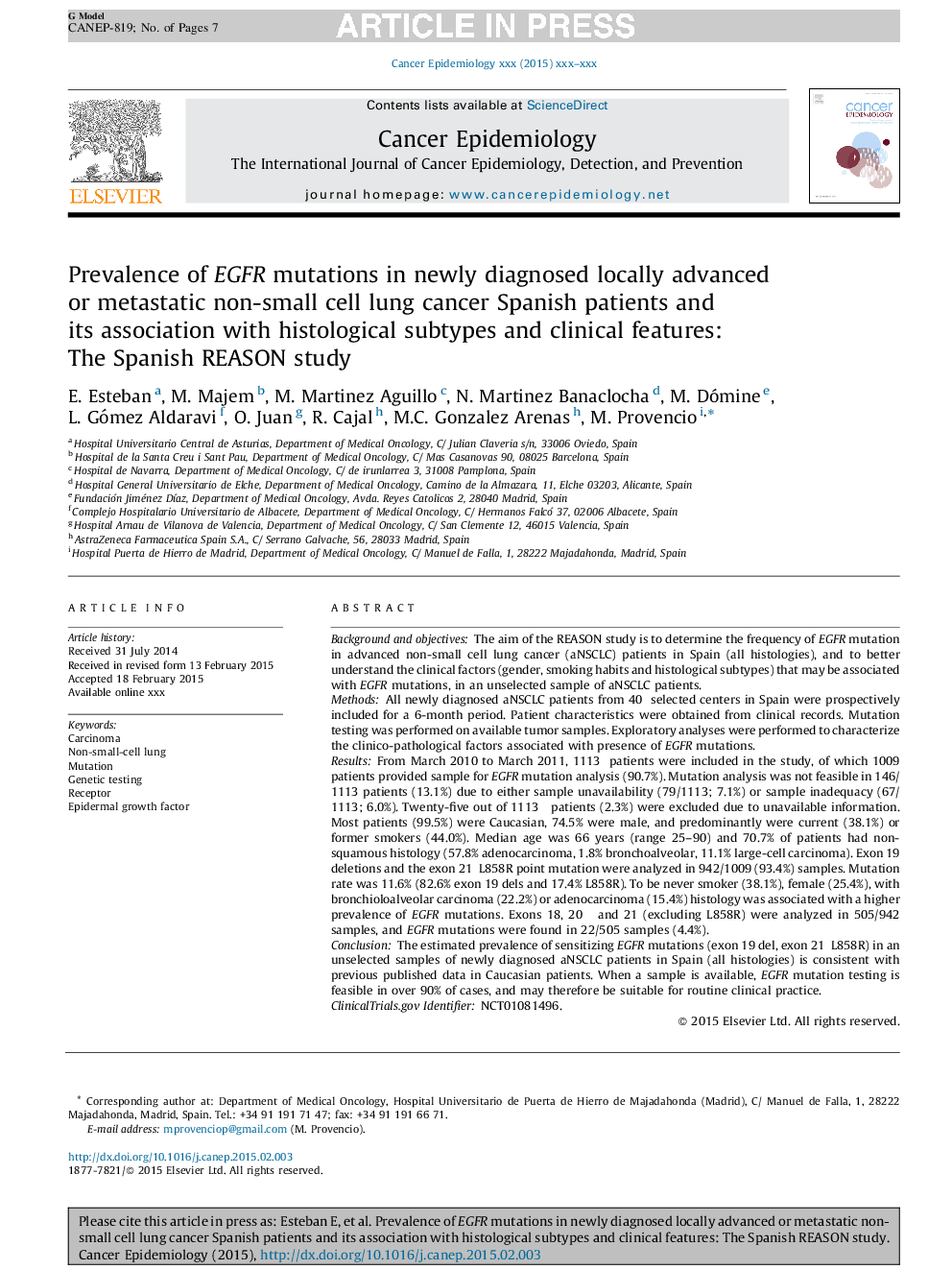 Prevalence of EGFR mutations in newly diagnosed locally advanced or metastatic non-small cell lung cancer Spanish patients and its association with histological subtypes and clinical features: The Spanish REASON study