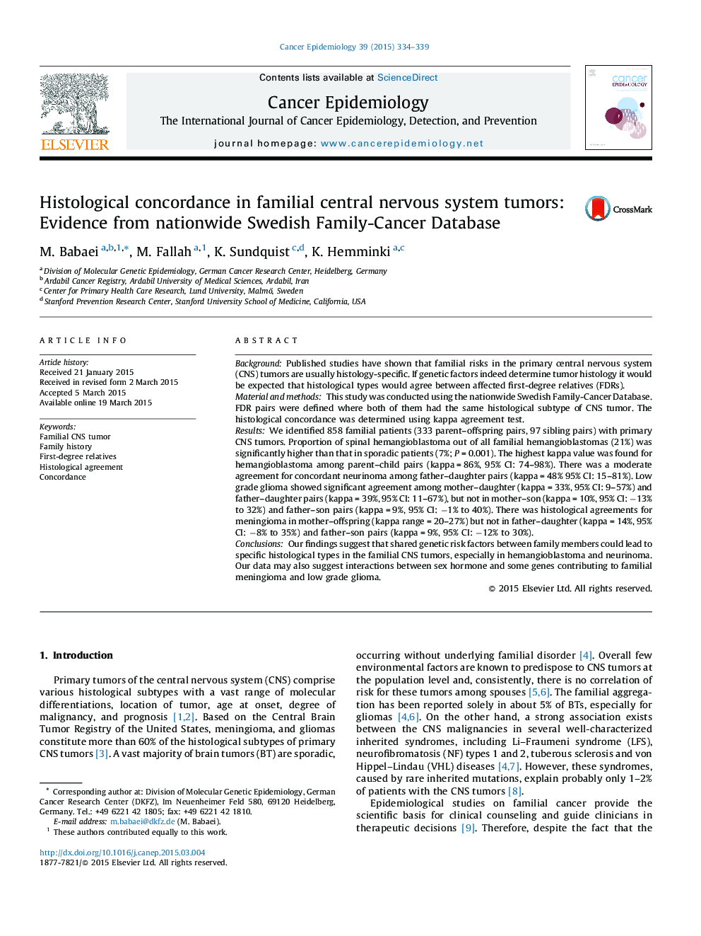 Histological concordance in familial central nervous system tumors: Evidence from nationwide Swedish Family-Cancer Database