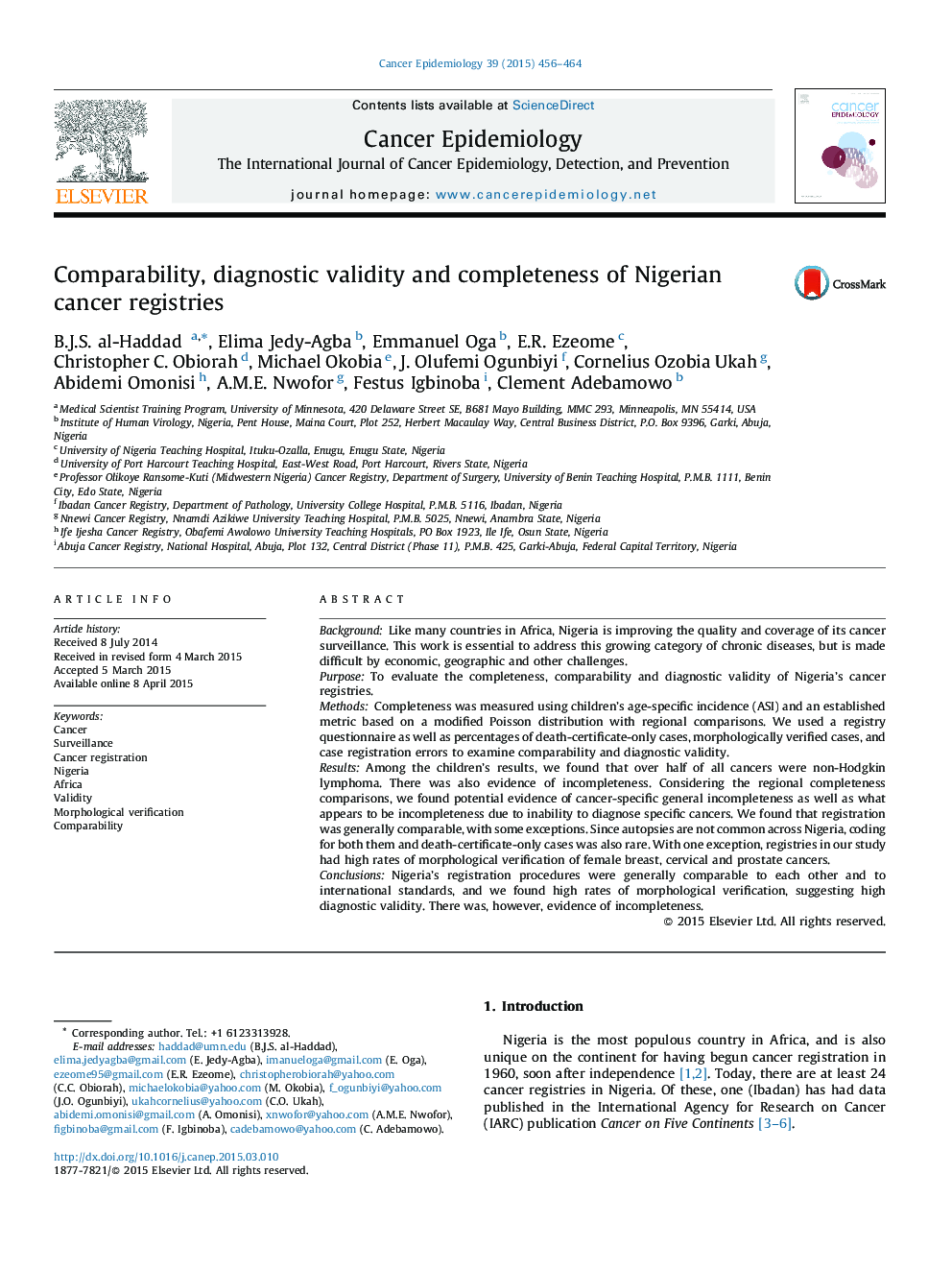 Comparability, diagnostic validity and completeness of Nigerian cancer registries